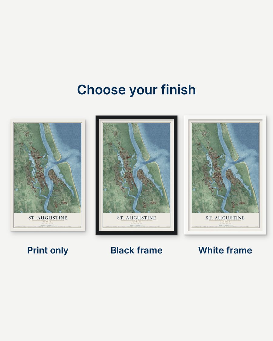 The St. Augustine, Florida map as a print only, in a black frame and in a white frame
