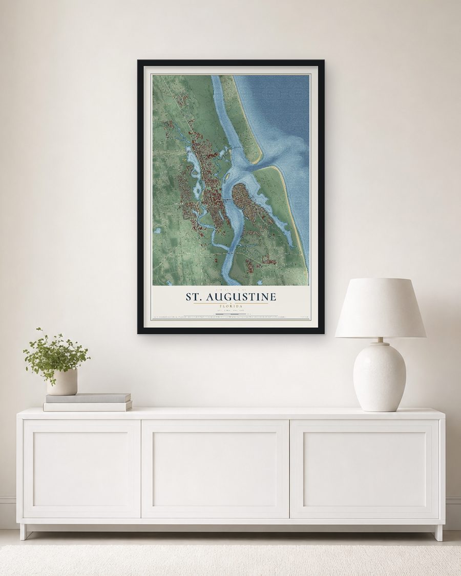 The St. Augustine, Florida map, 24 x 36 in, in a black wood frame on a living room wall