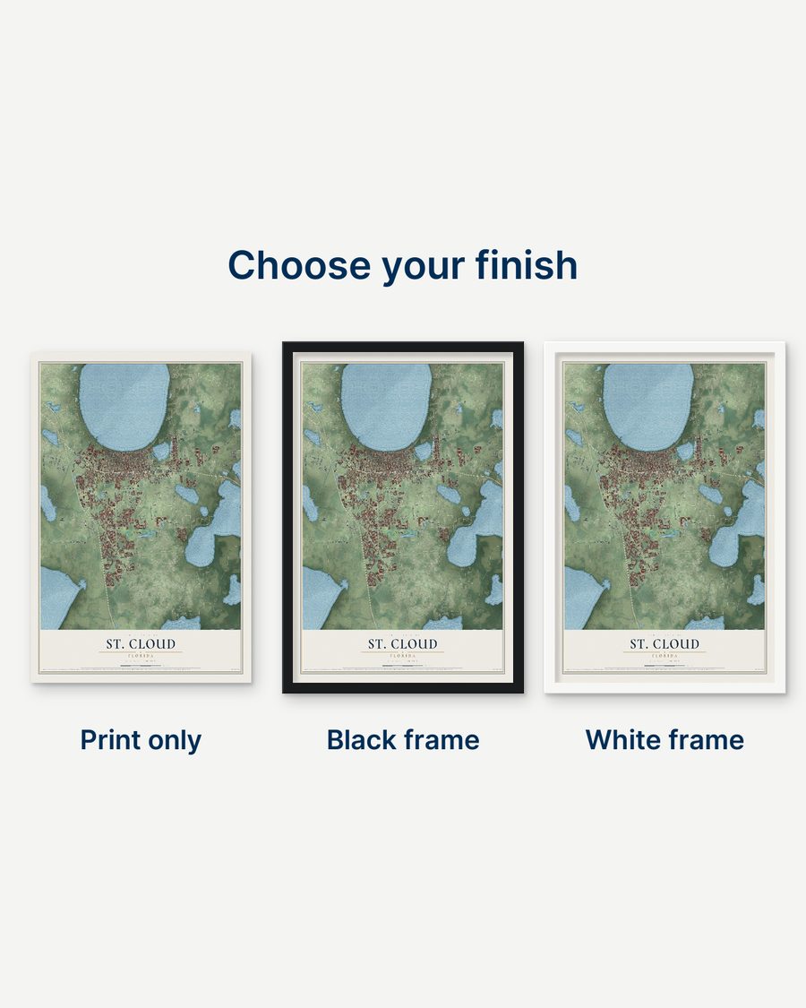 The St. Cloud, Florida map as a print only, in a black frame and in a white frame