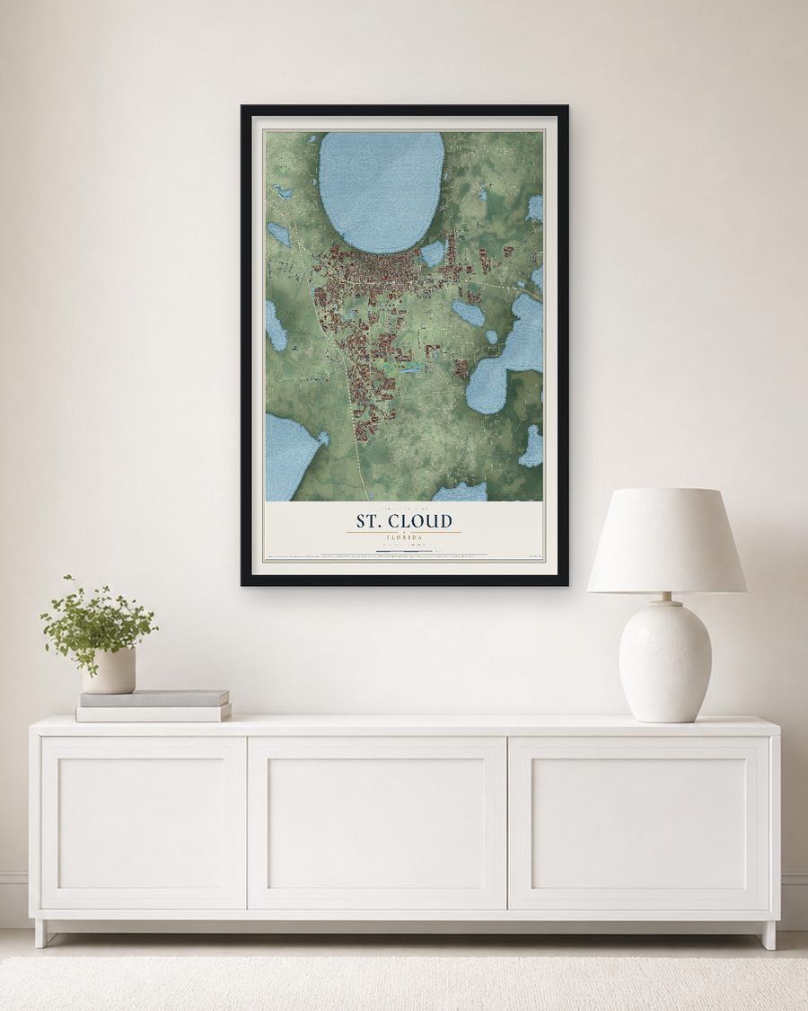The St. Cloud, Florida map, 24 x 36 in, in a black wood frame on a living room wall