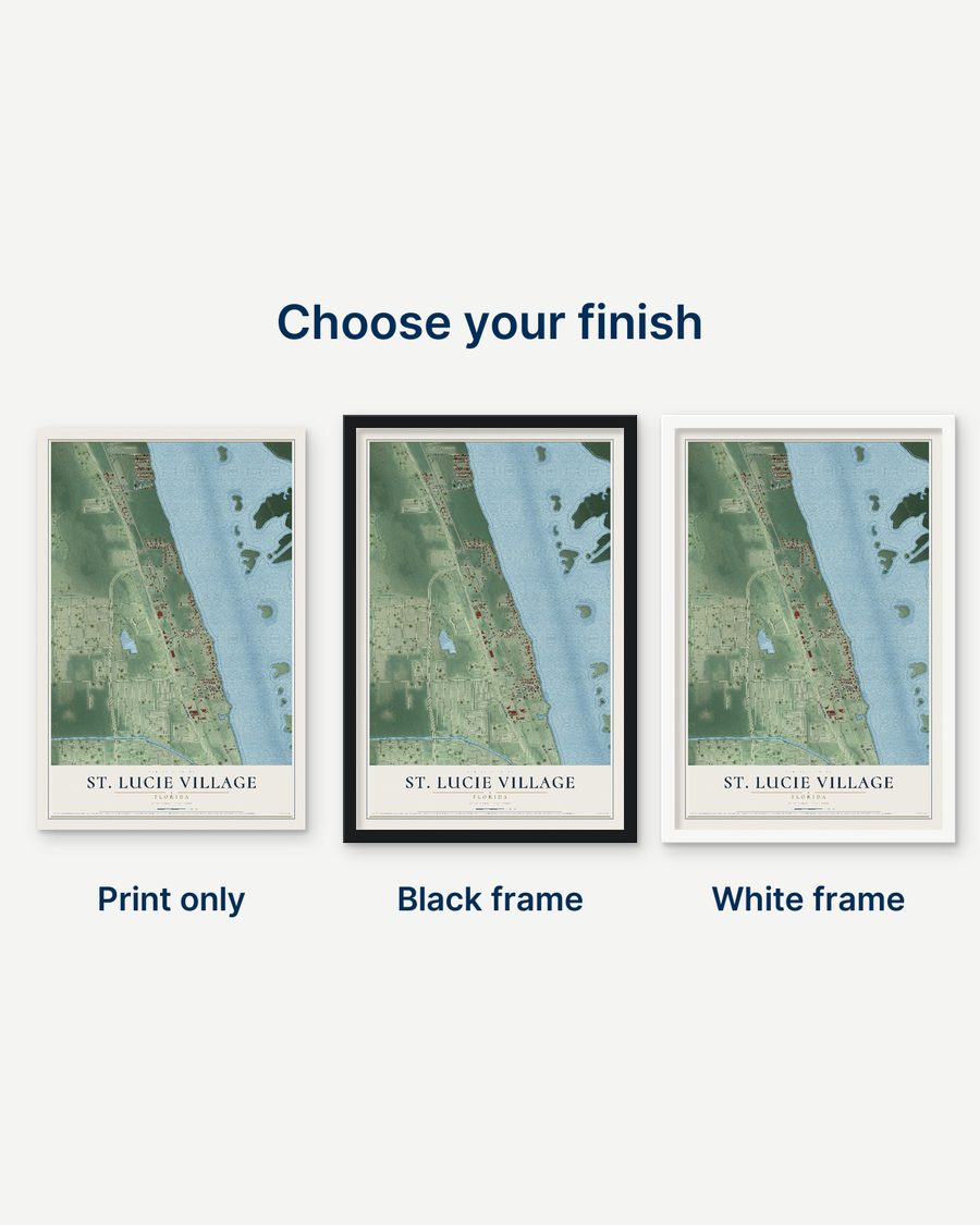 The St. Lucie Village, Florida map as a print only, in a black frame and in a white frame