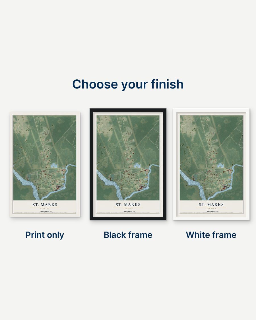 The St. Marks, Florida map as a print only, in a black frame and in a white frame