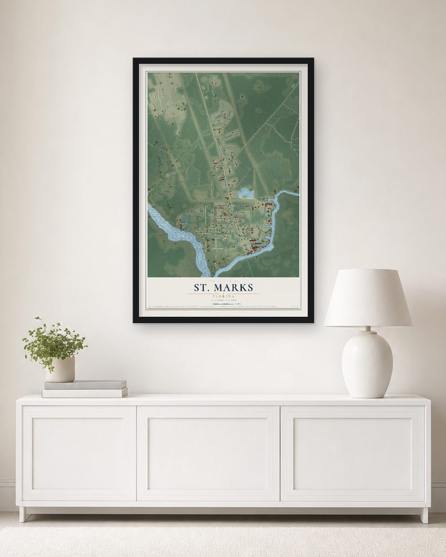 The St. Marks, Florida map, 24 x 36 in, in a black wood frame on a living room wall