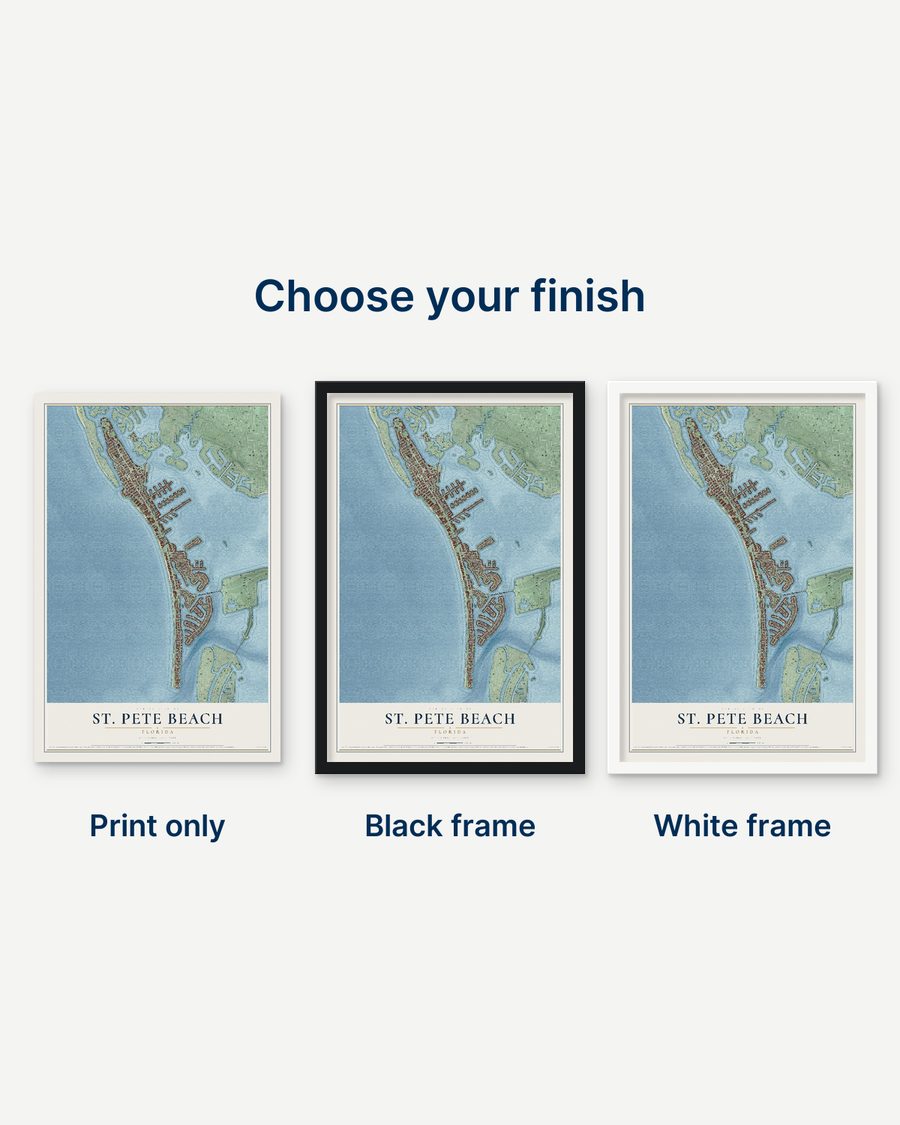 The St. Pete Beach, Florida map as a print only, in a black frame and in a white frame