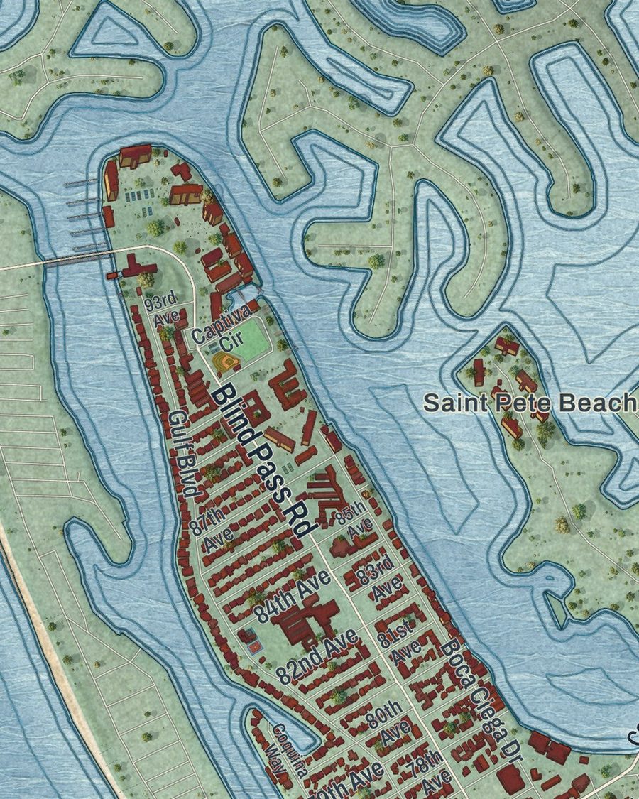 Close-up of St. Pete Beach streets on the map