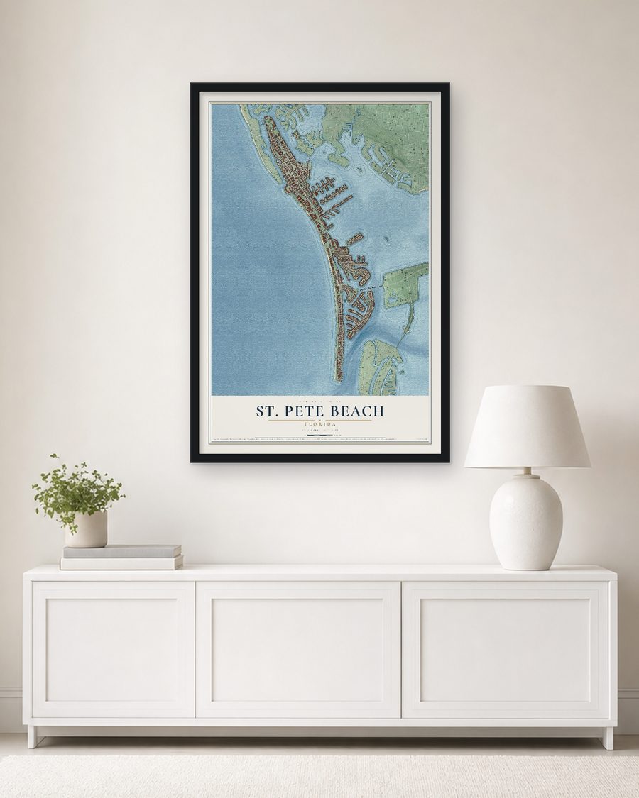 The St. Pete Beach, Florida map, 24 x 36 in, in a black wood frame on a living room wall