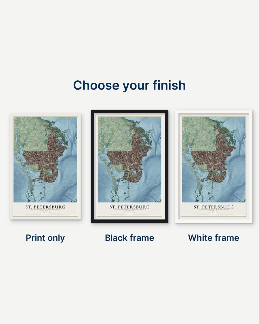 The St. Petersburg, Florida map as a print only, in a black frame and in a white frame