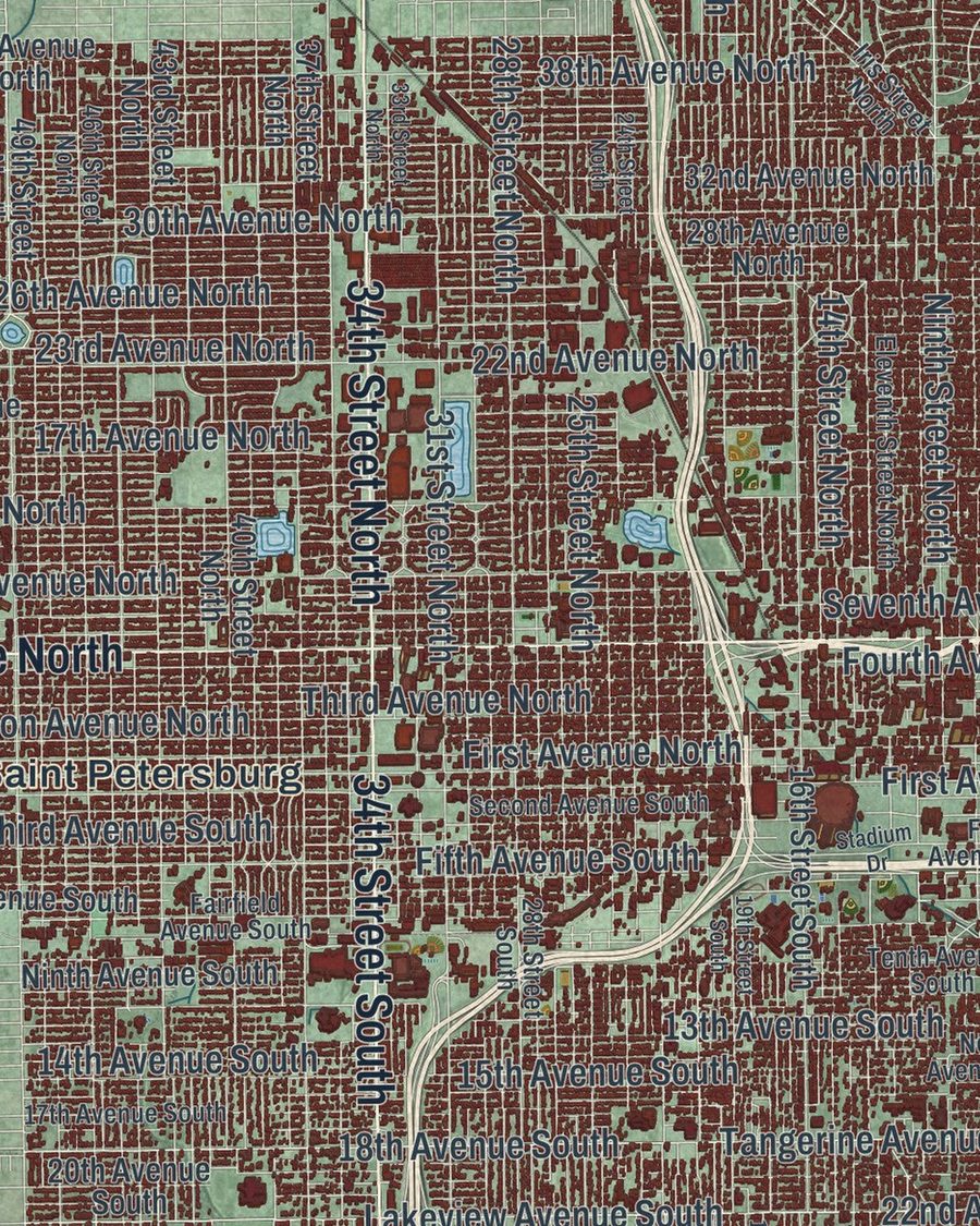 Close-up of St. Petersburg streets on the map