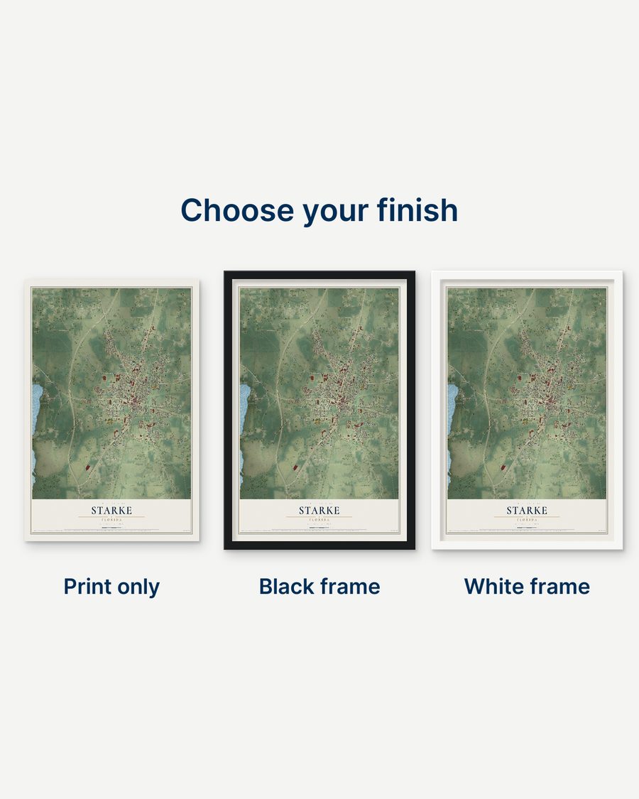 The Starke, Florida map as a print only, in a black frame and in a white frame