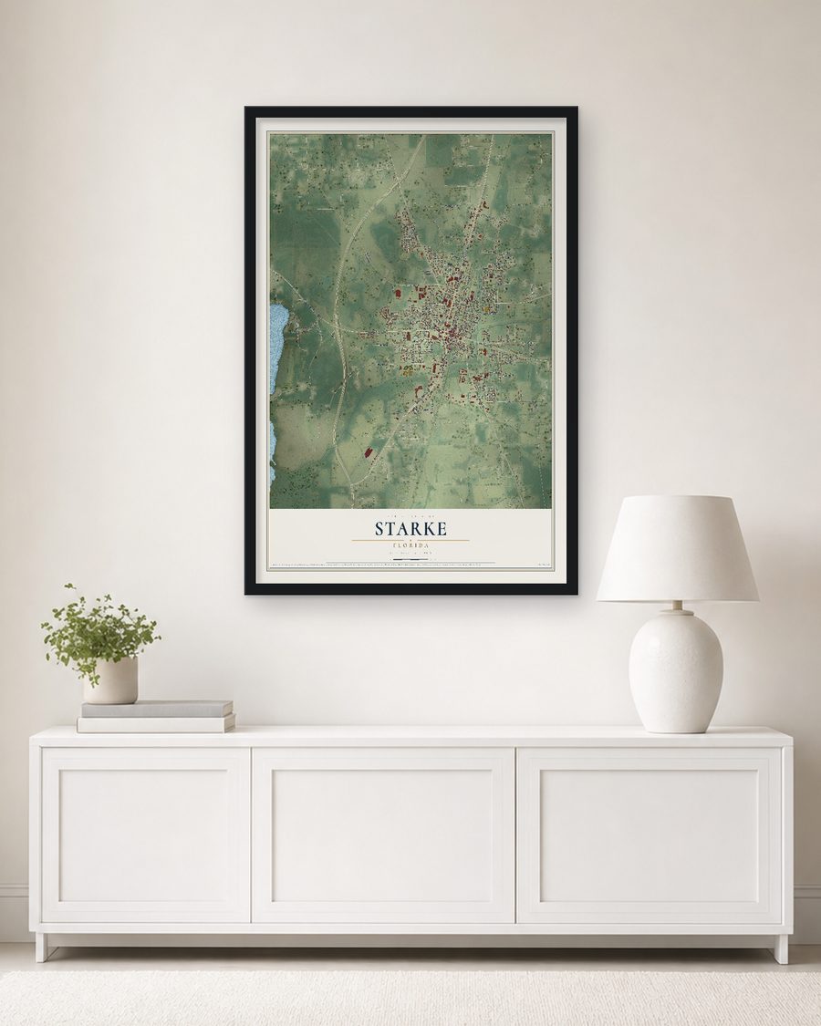 The Starke, Florida map, 24 x 36 in, in a black wood frame on a living room wall