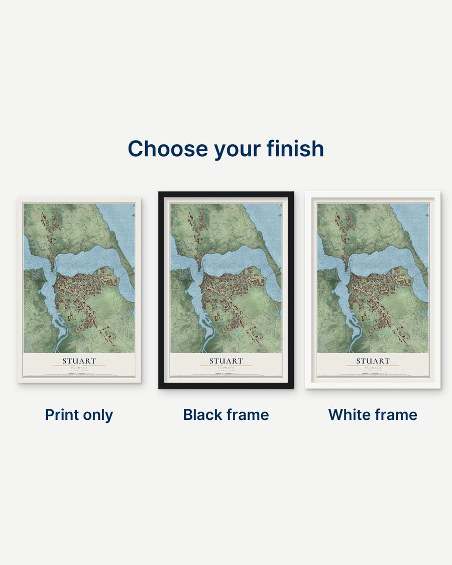 The Stuart, Florida map as a print only, in a black frame and in a white frame