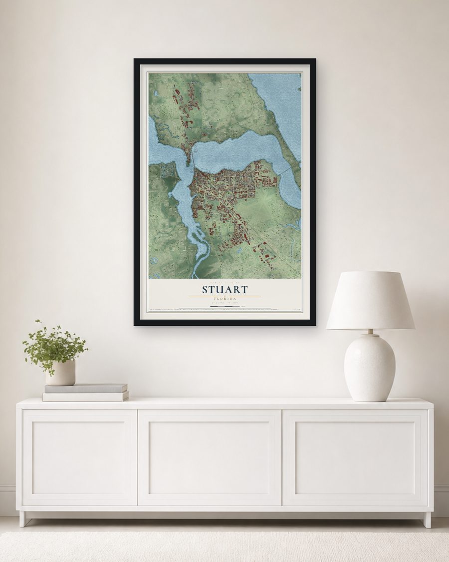 The Stuart, Florida map, 24 x 36 in, in a black wood frame on a living room wall