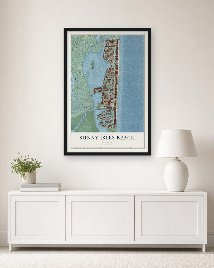 The Sunny Isles Beach, Florida map, 24 x 36 in, in a black wood frame on a living room wall
