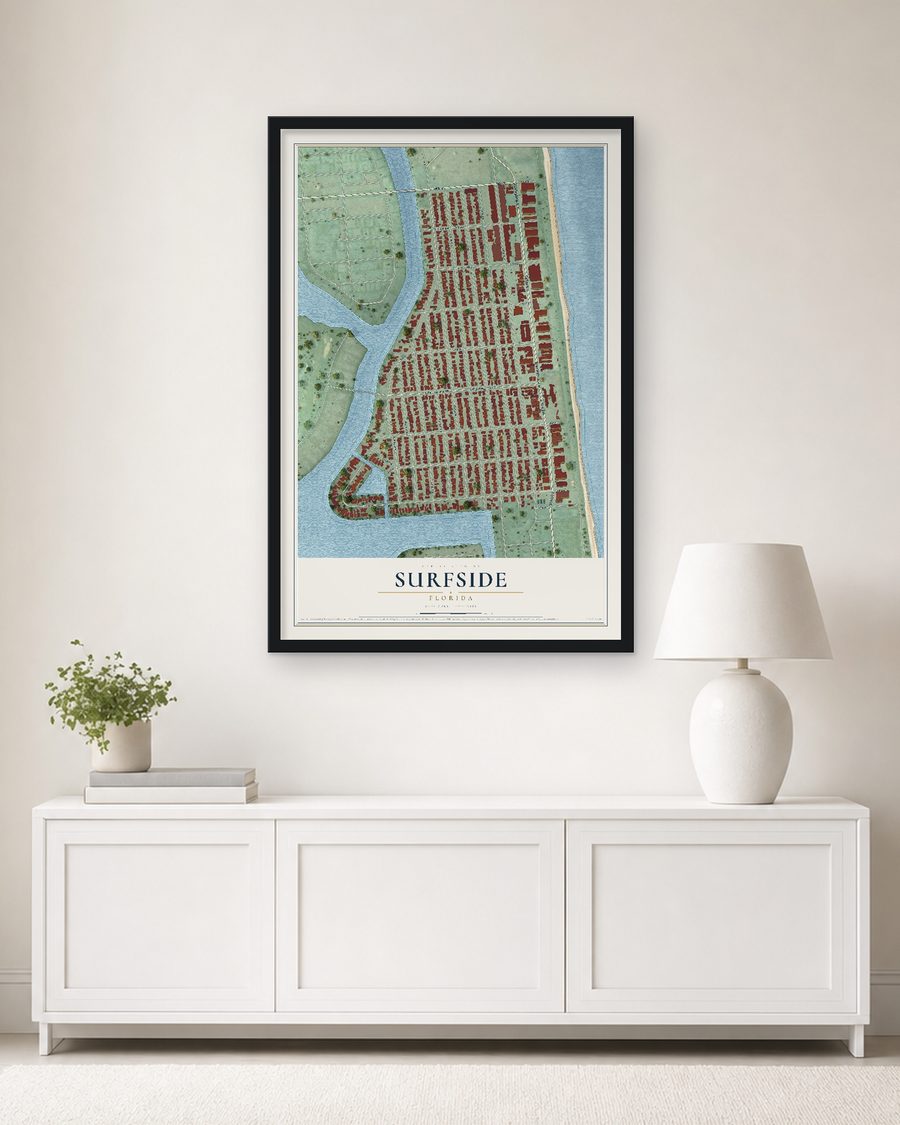 The Surfside, Florida map, 24 x 36 in, in a black wood frame on a living room wall