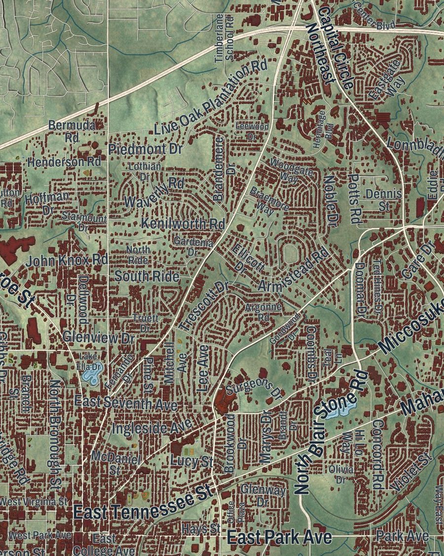 Close-up of Tallahassee streets on the map