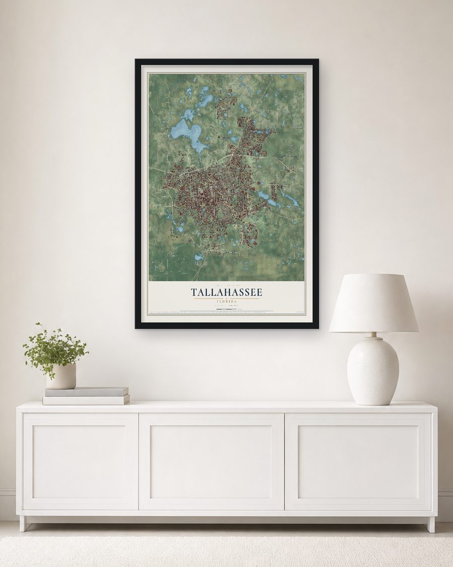 The Tallahassee, Florida map, 24 x 36 in, in a black wood frame on a living room wall