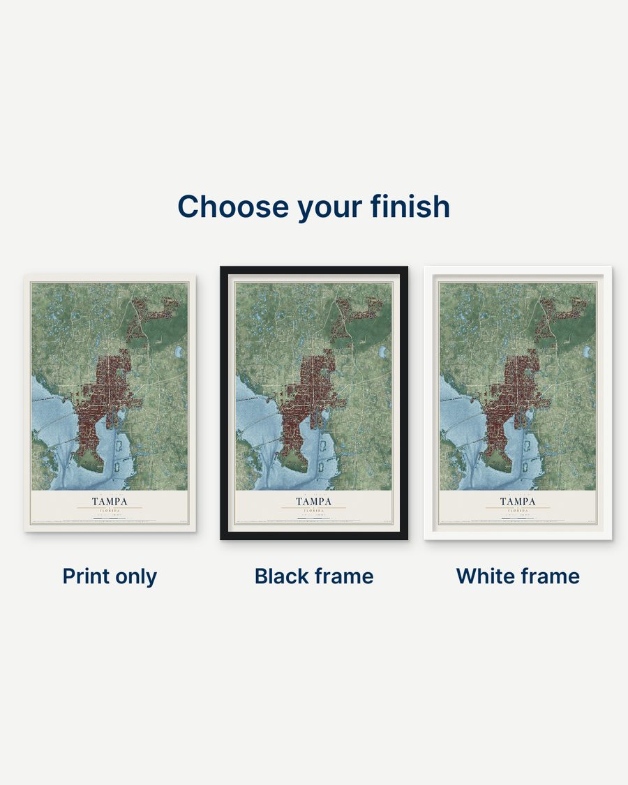 The Tampa, Florida map as a print only, in a black frame and in a white frame