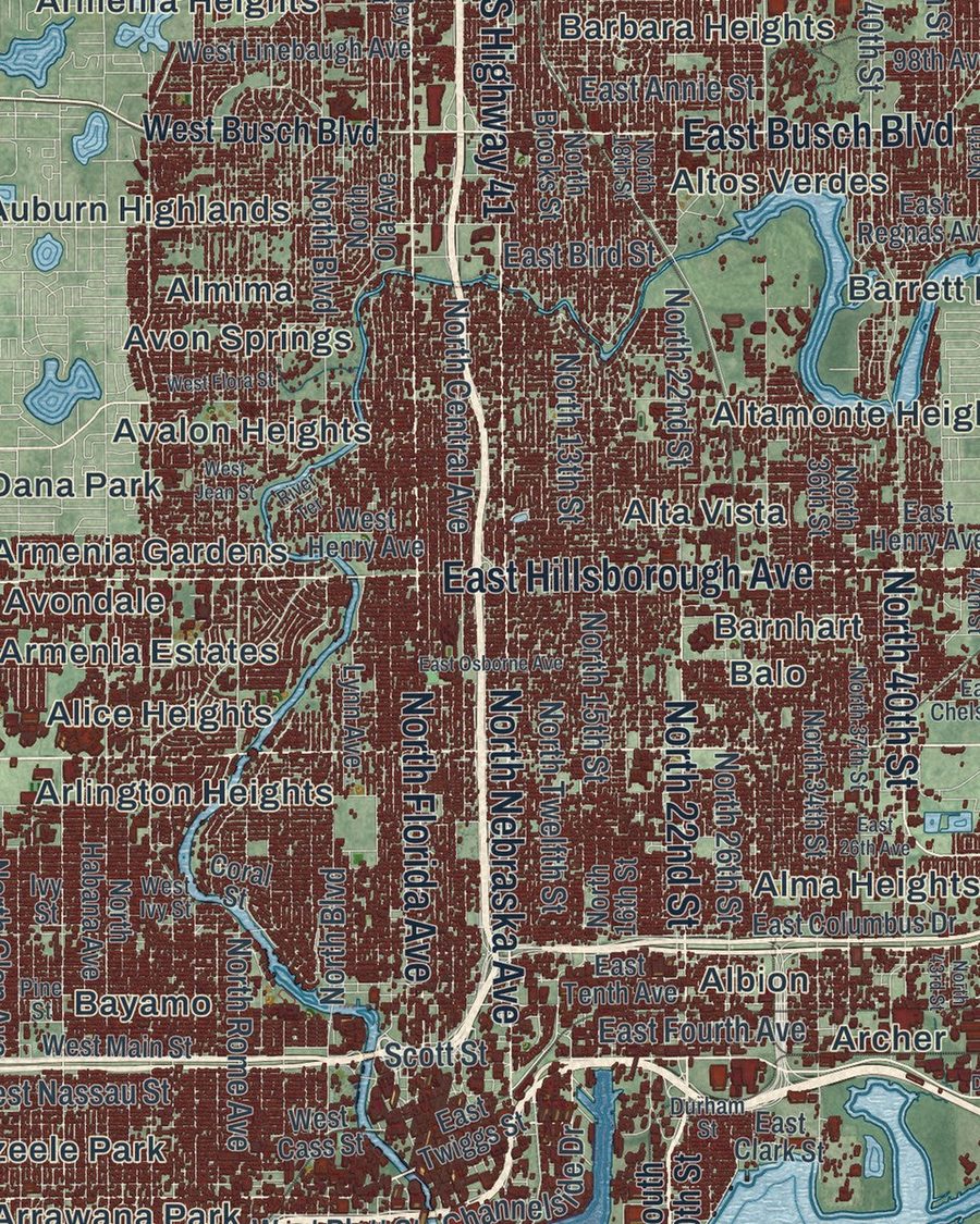Close-up of Tampa streets on the map