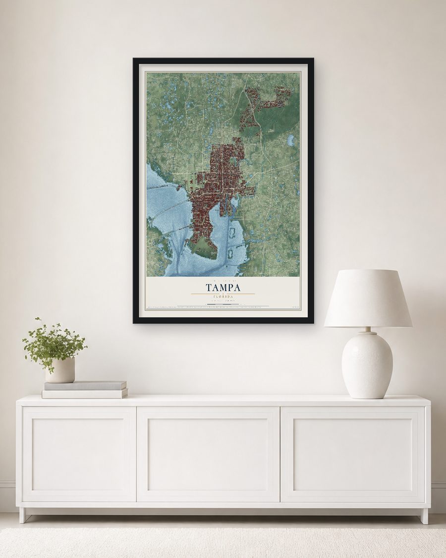 The Tampa, Florida map, 24 x 36 in, in a black wood frame on a living room wall