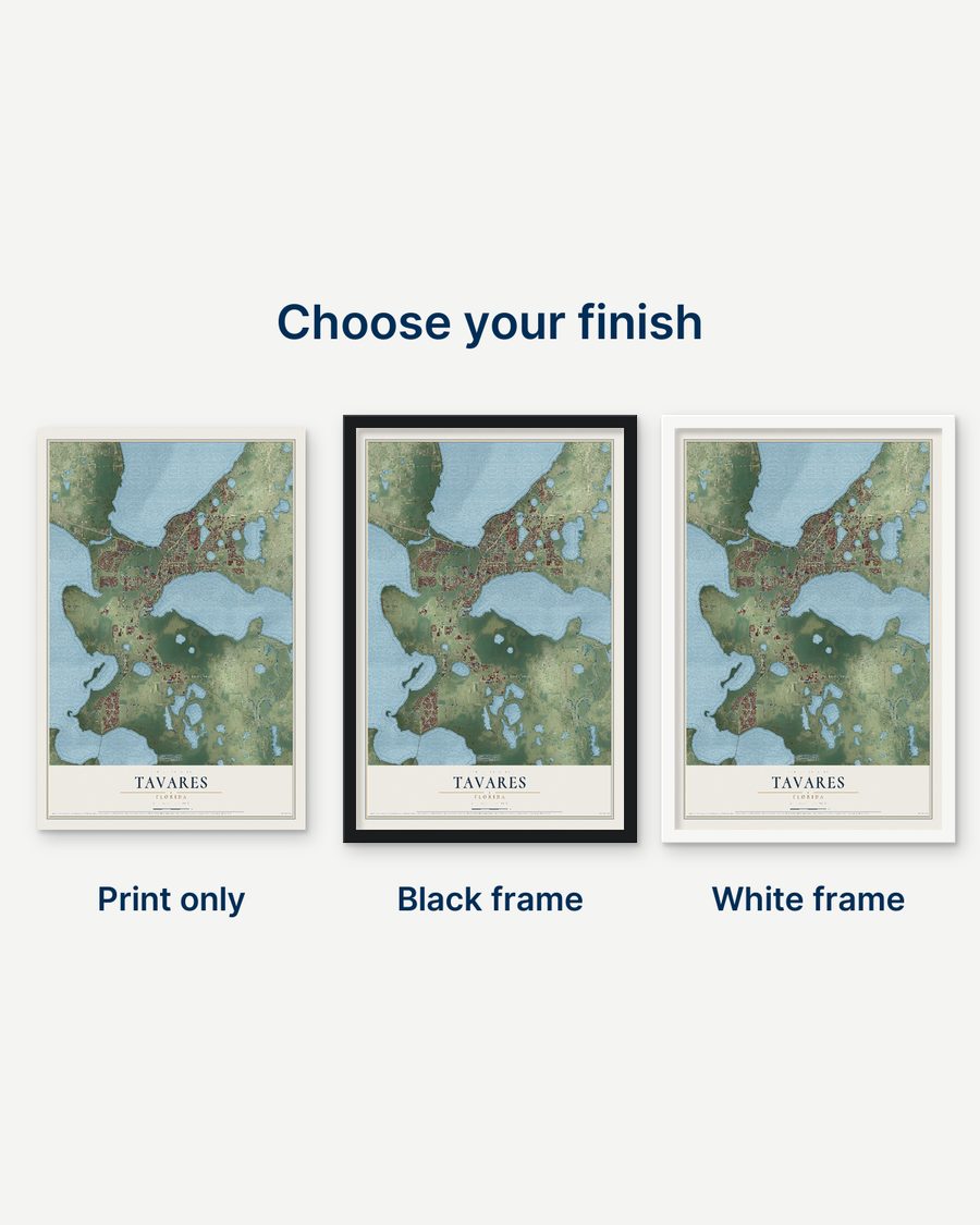 The Tavares, Florida map as a print only, in a black frame and in a white frame