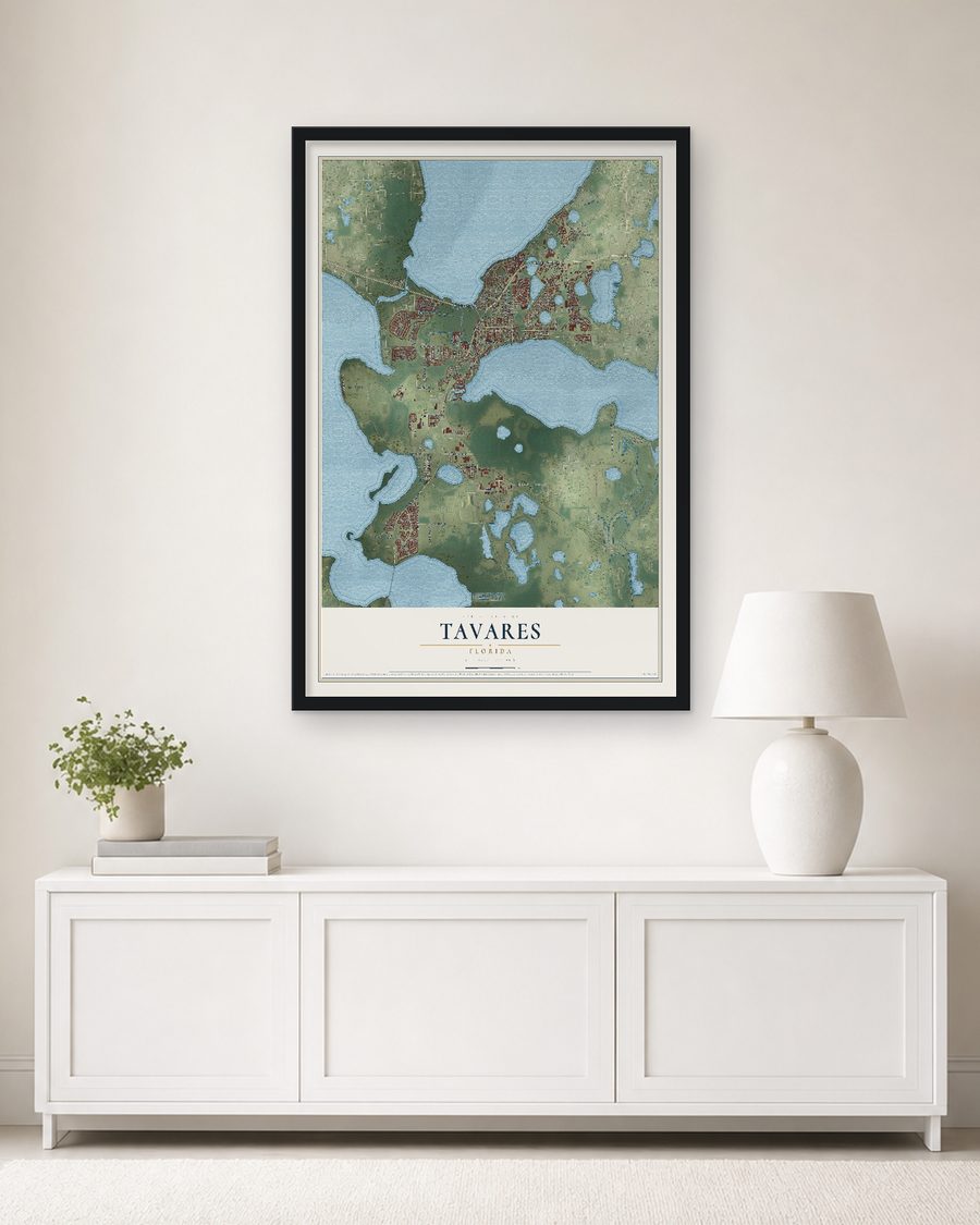 The Tavares, Florida map, 24 x 36 in, in a black wood frame on a living room wall