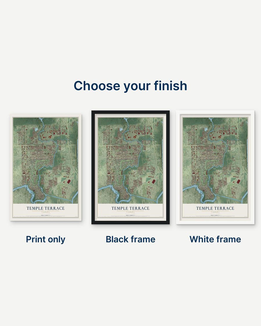 The Temple Terrace, Florida map as a print only, in a black frame and in a white frame