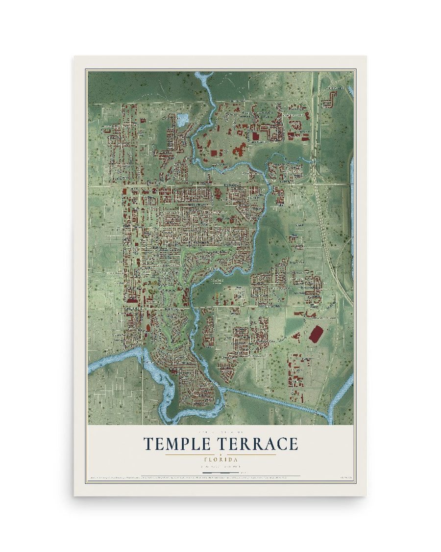 Temple Terrace, Florida map print, 12 x 18 in, print only