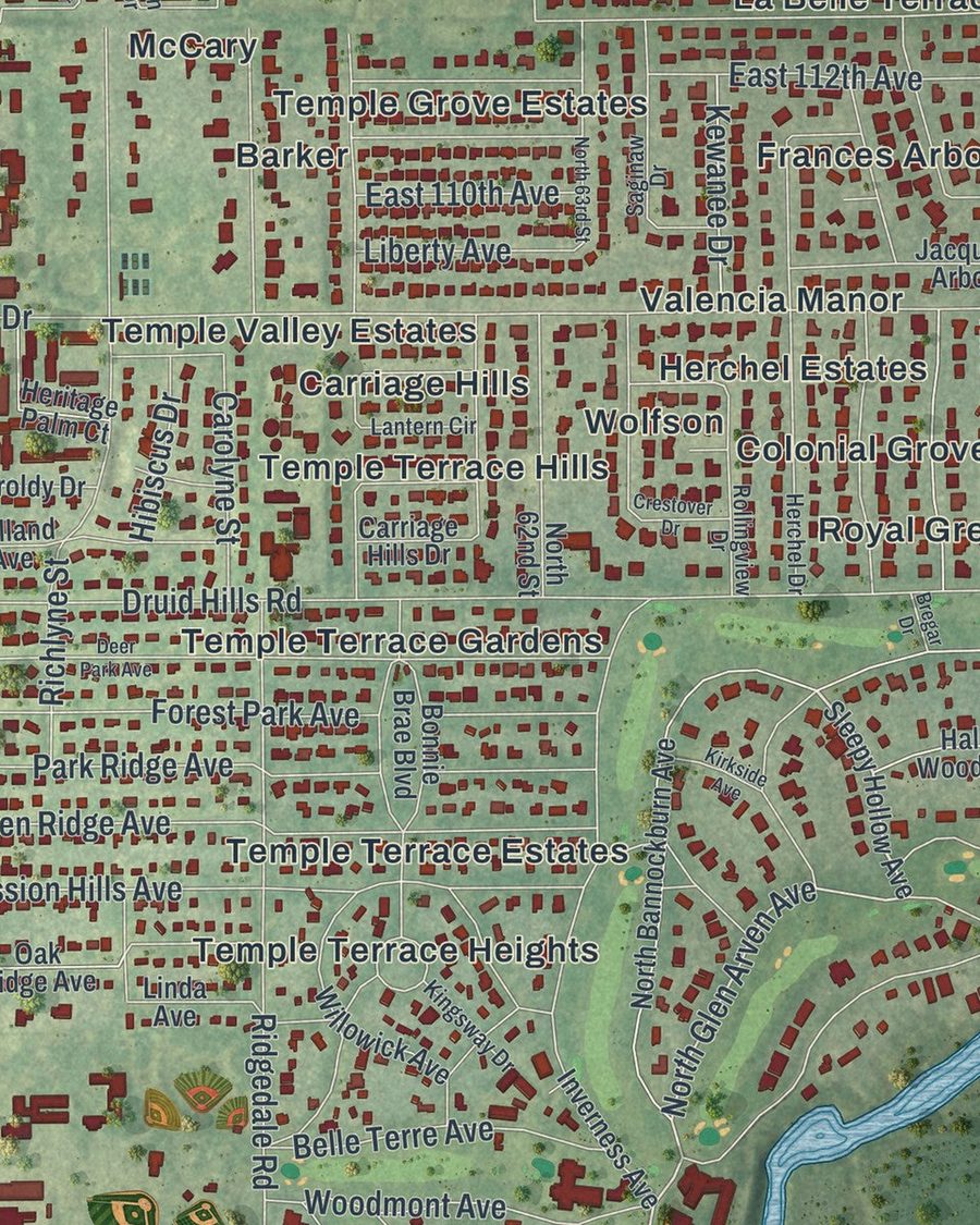 Close-up of Temple Terrace streets on the map