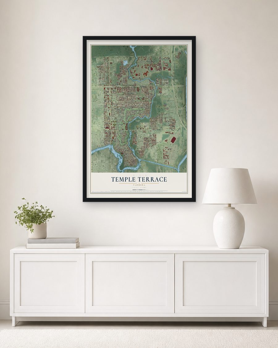 The Temple Terrace, Florida map, 24 x 36 in, in a black wood frame on a living room wall