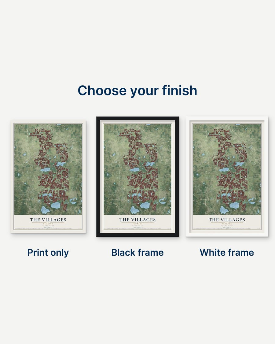 The The Villages, Florida map as a print only, in a black frame and in a white frame