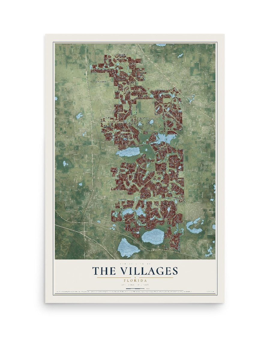 The Villages, Florida map print, 12 x 18 in, print only