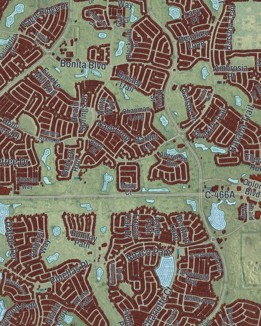Close-up of The Villages streets on the map