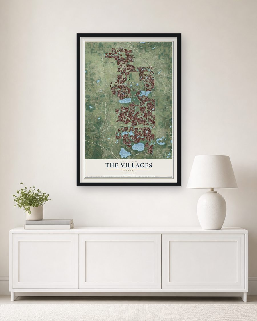 The The Villages, Florida map, 24 x 36 in, in a black wood frame on a living room wall