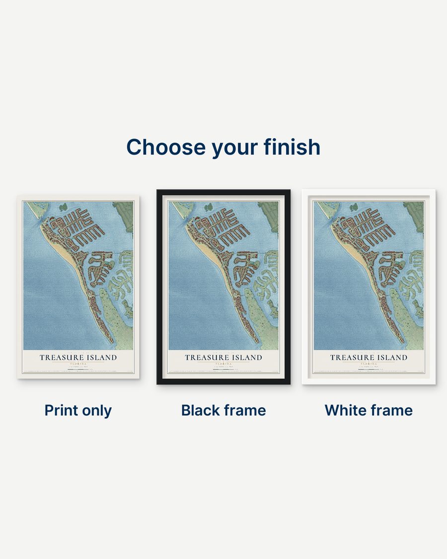 The Treasure Island, Florida map as a print only, in a black frame and in a white frame