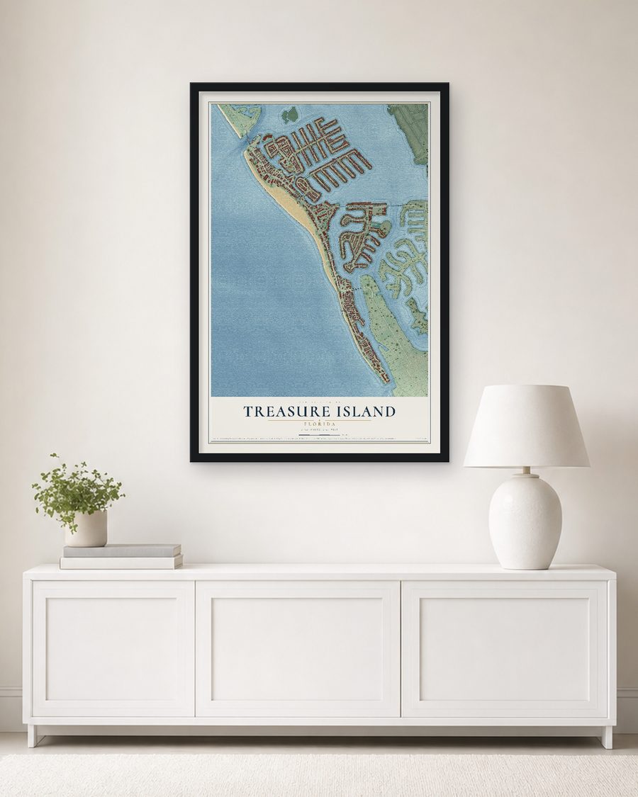 The Treasure Island, Florida map, 24 x 36 in, in a black wood frame on a living room wall