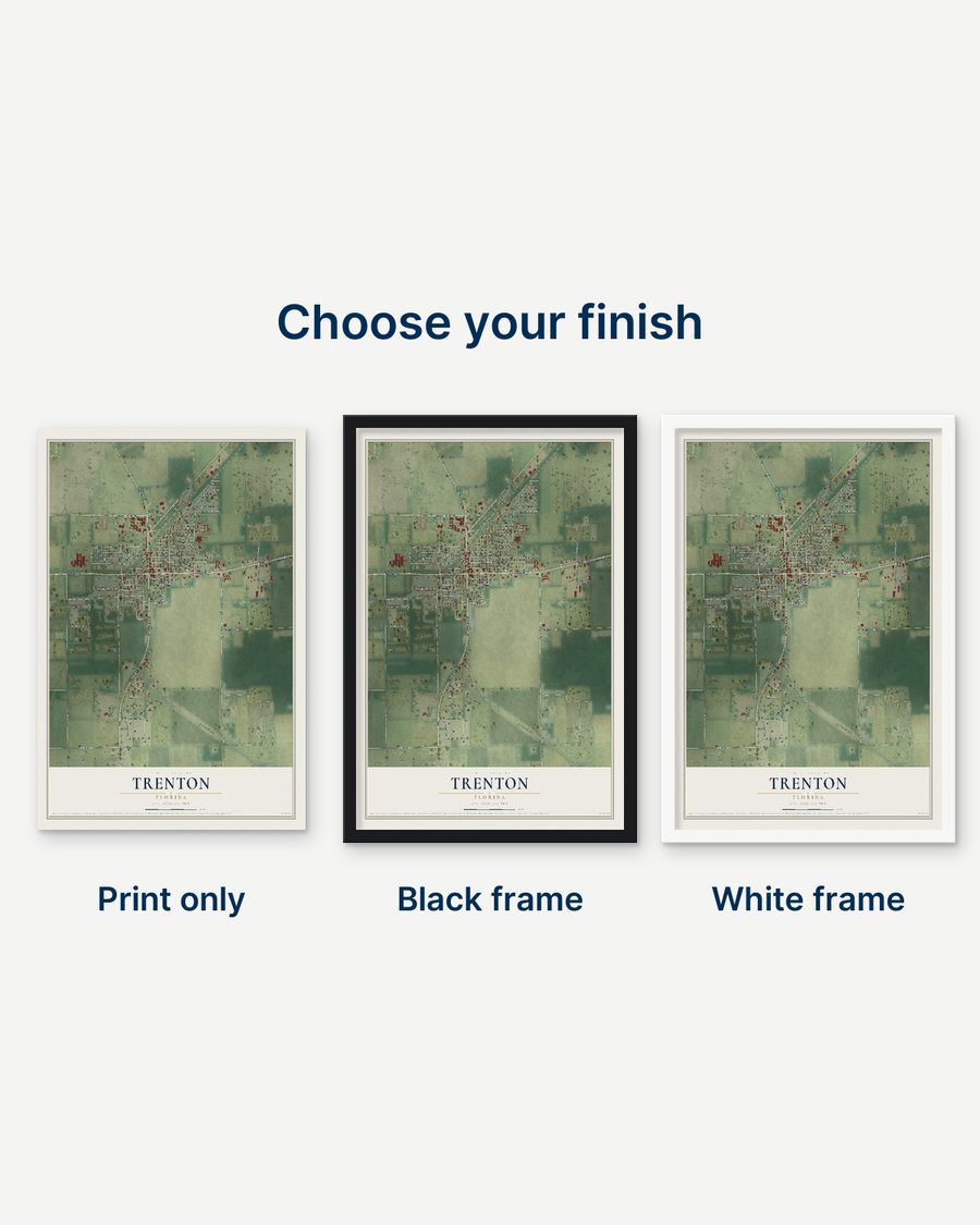 The Trenton, Florida map as a print only, in a black frame and in a white frame
