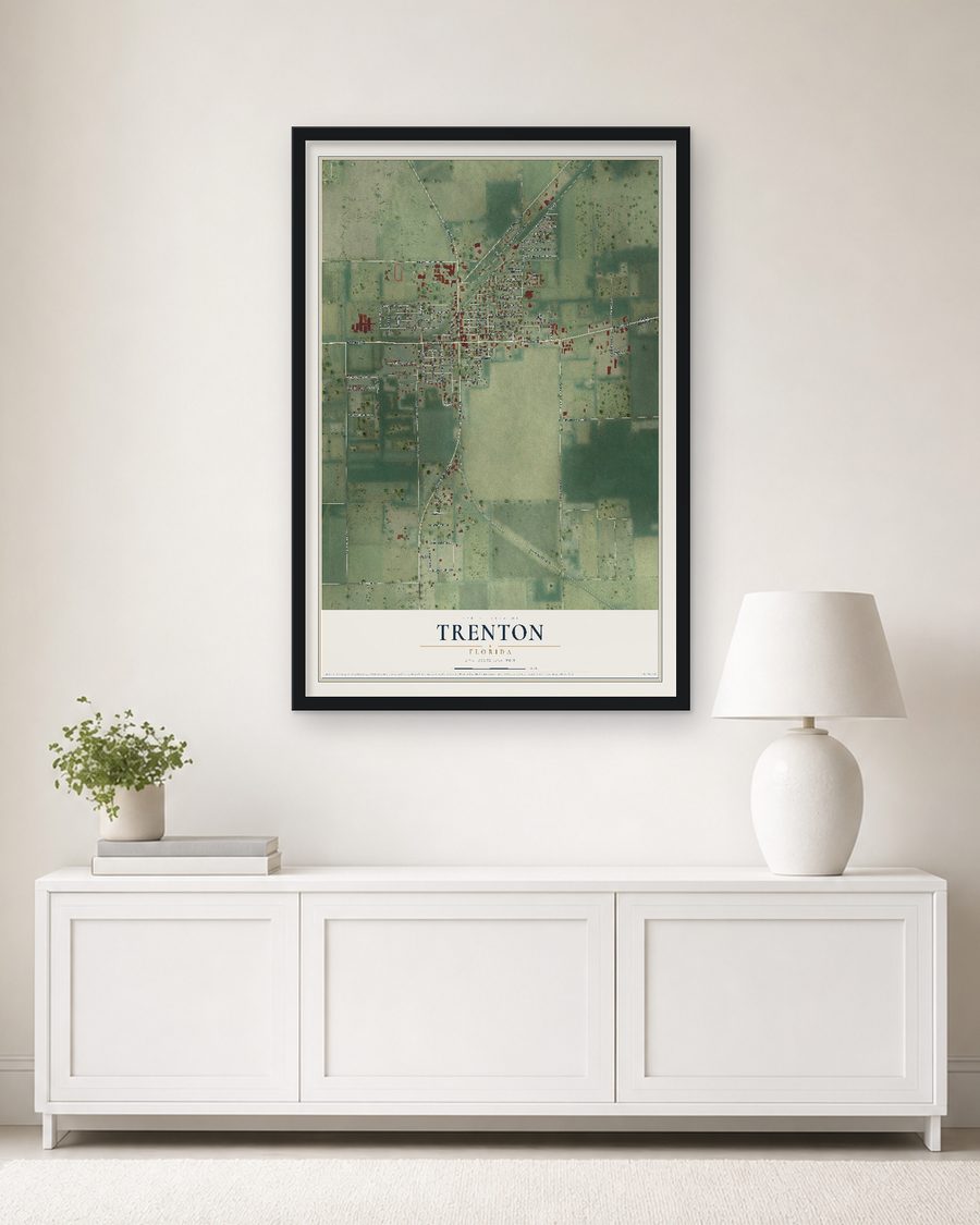 The Trenton, Florida map, 24 x 36 in, in a black wood frame on a living room wall
