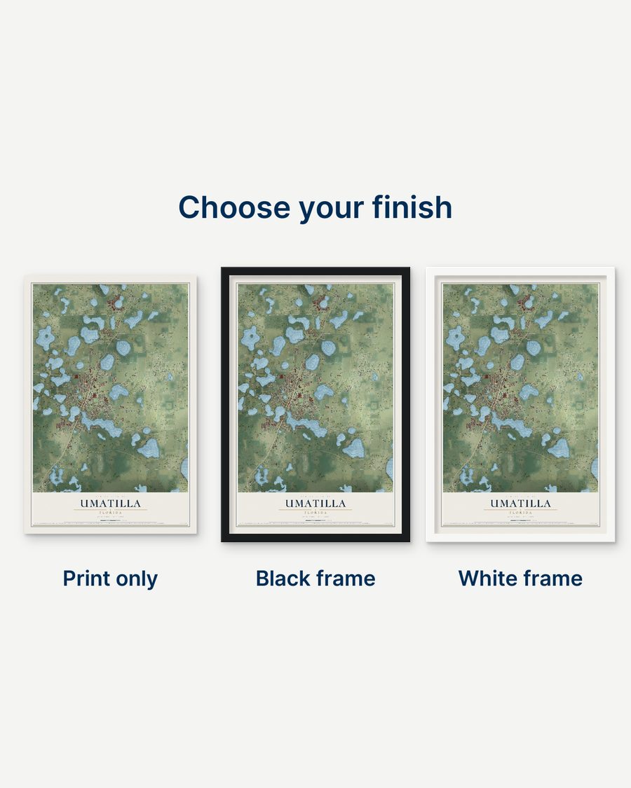The Umatilla, Florida map as a print only, in a black frame and in a white frame
