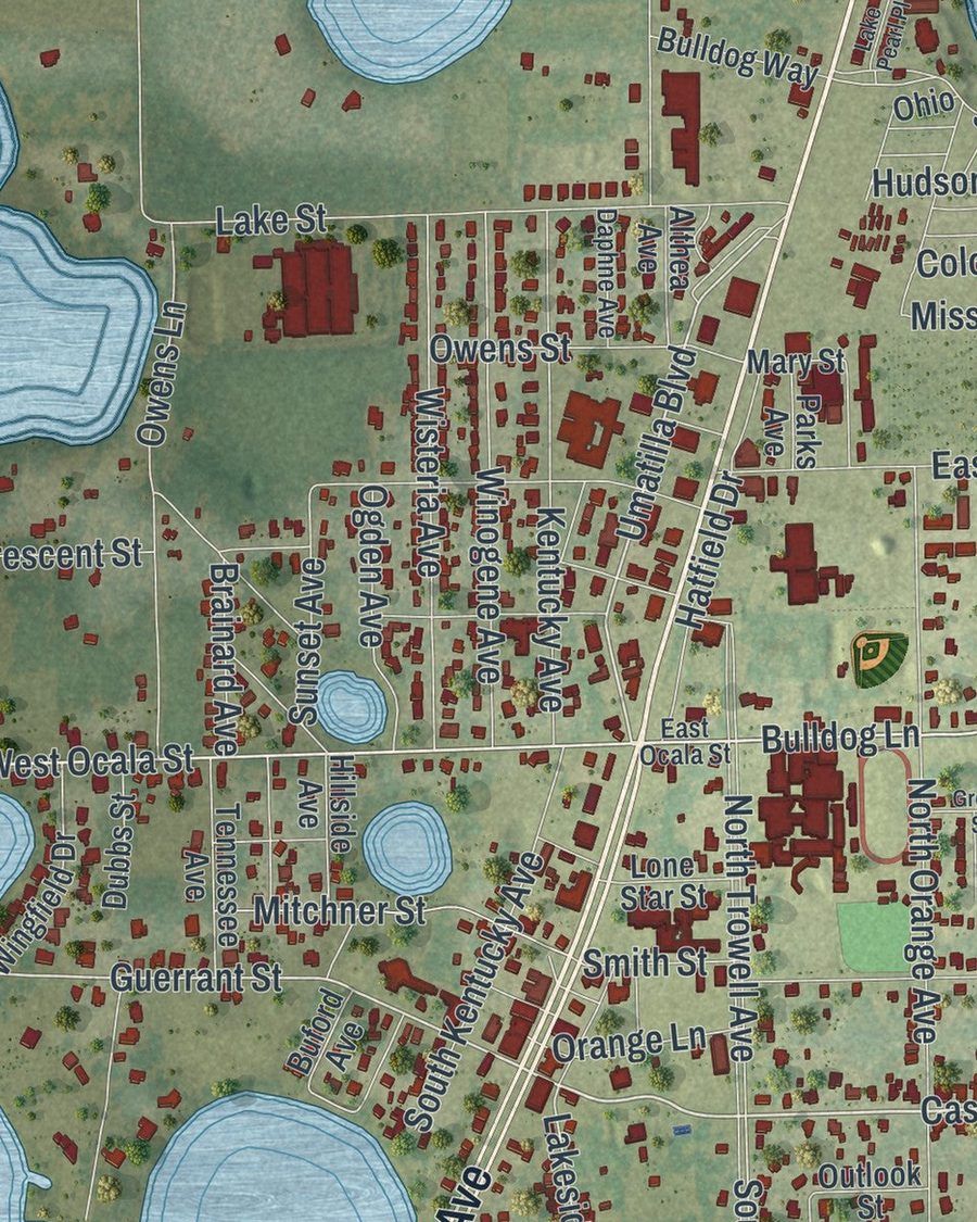 Close-up of Umatilla streets on the map