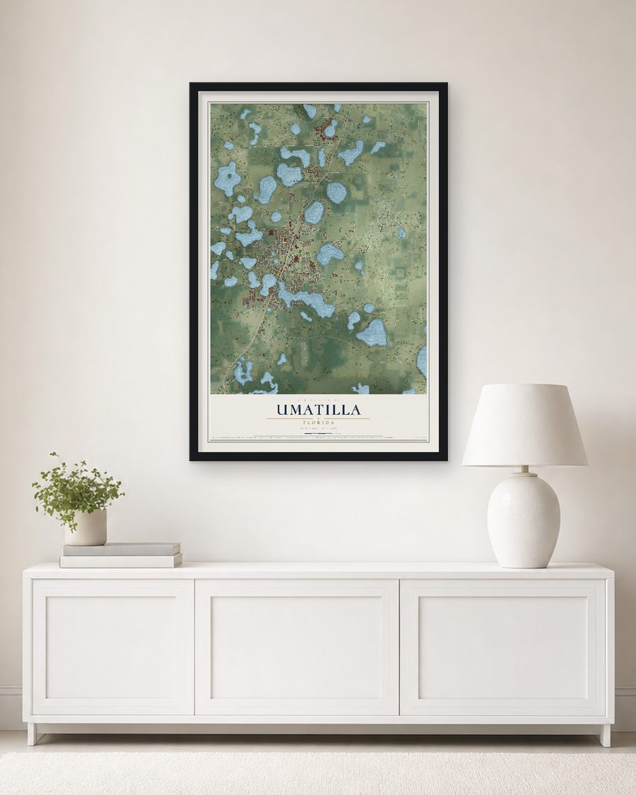 The Umatilla, Florida map, 24 x 36 in, in a black wood frame on a living room wall