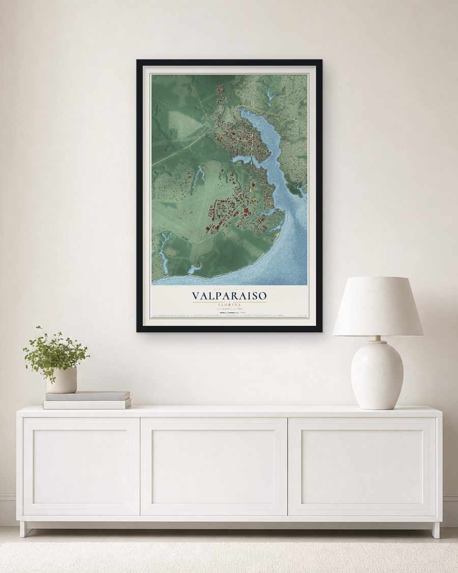 The Valparaiso, Florida map, 24 x 36 in, in a black wood frame on a living room wall