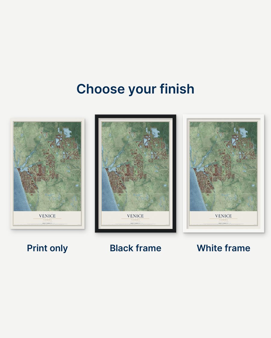 The Venice, Florida map as a print only, in a black frame and in a white frame