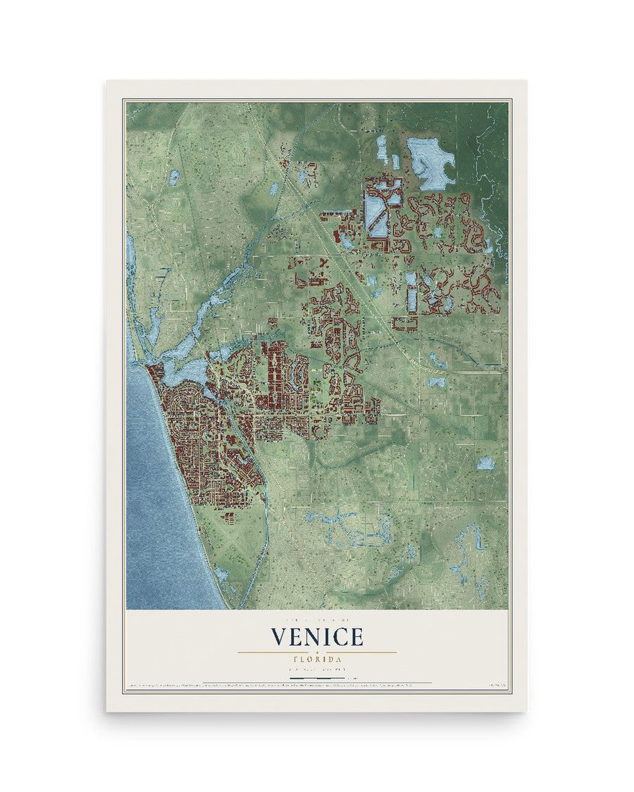 Venice, Florida map print, 12 x 18 in, print only