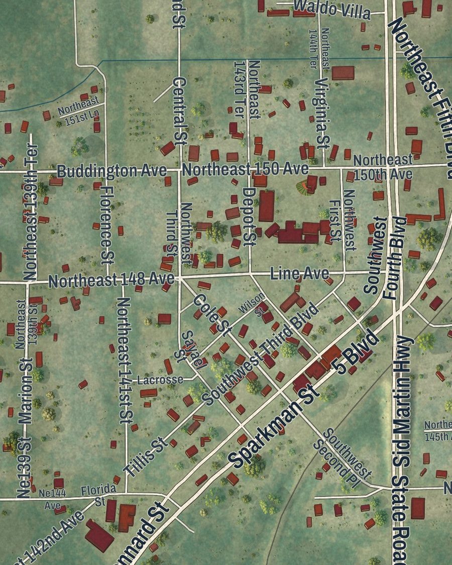 Close-up of Waldo streets on the map
