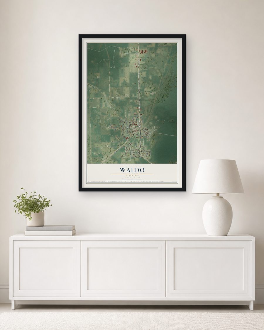The Waldo, Florida map, 24 x 36 in, in a black wood frame on a living room wall