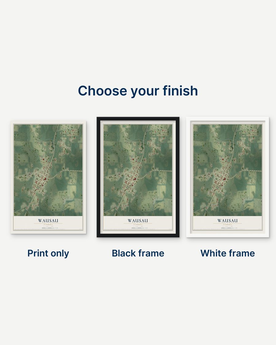 The Wausau, Florida map as a print only, in a black frame and in a white frame