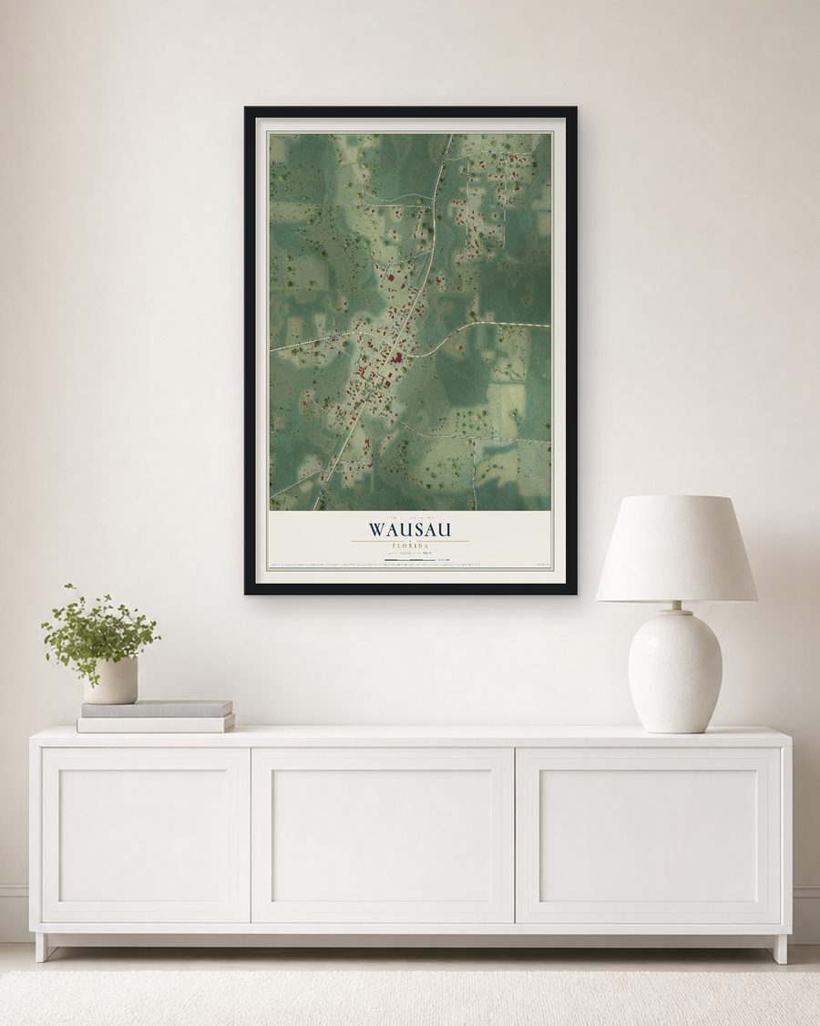 The Wausau, Florida map, 24 x 36 in, in a black wood frame on a living room wall