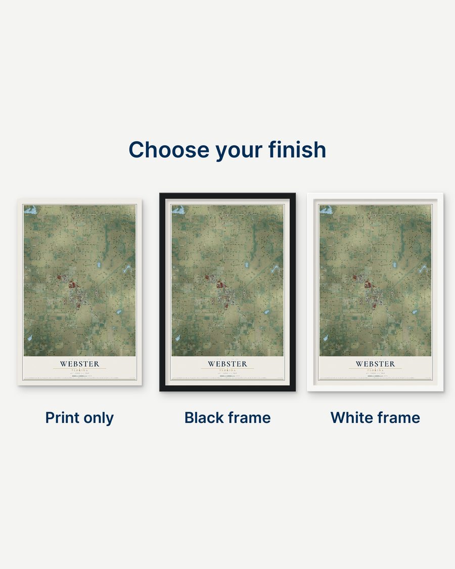 The Webster, Florida map as a print only, in a black frame and in a white frame