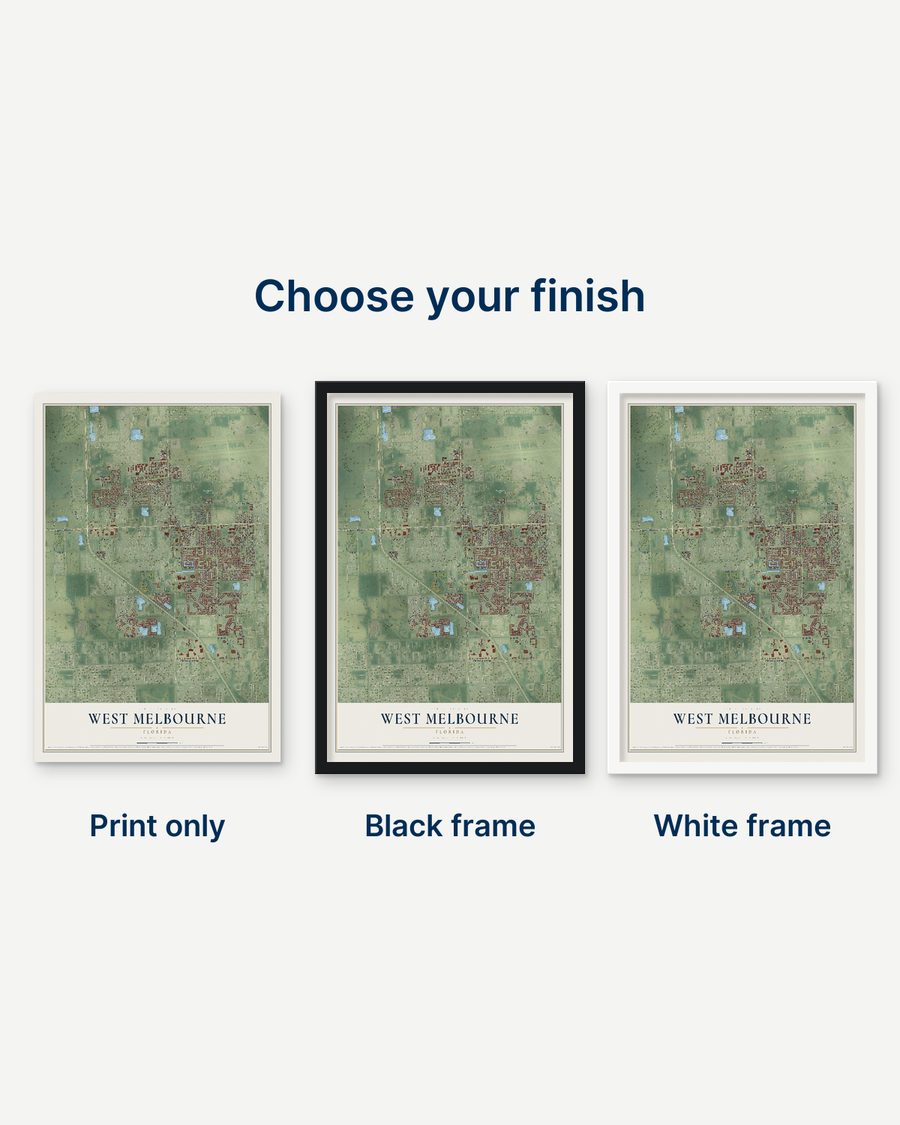 The West Melbourne, Florida map as a print only, in a black frame and in a white frame