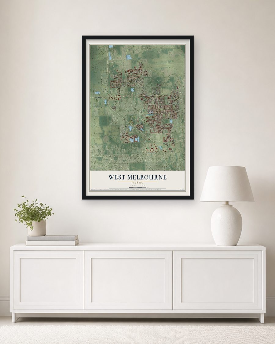 The West Melbourne, Florida map, 24 x 36 in, in a black wood frame on a living room wall